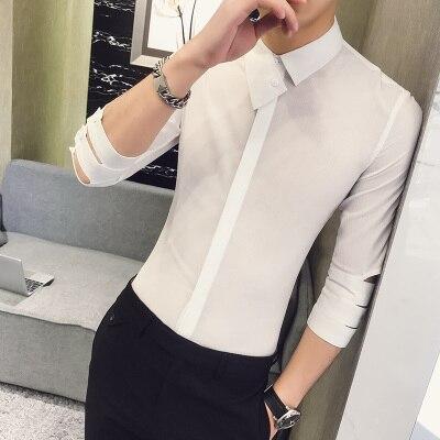 British Style Shirt Men 2019 Summer New Personality Slim Fit Tuxedo Shirt 3/4 Sleeve Night Club Party Dress Shirts Social 3XL-M