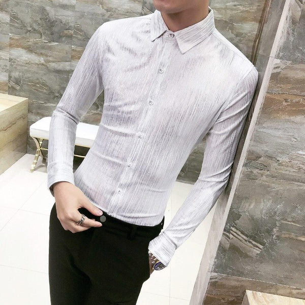 British Style Men Long Sleeve Shirt Autumn Luxury Solid Slim Fit Mens White Shirts Night Club Casual Tuxedo Party Dress Shirts