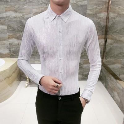 British Style Men Long Sleeve Shirt Autumn Luxury Solid Slim Fit Mens White Shirts Night Club Casual Tuxedo Party Dress Shirts