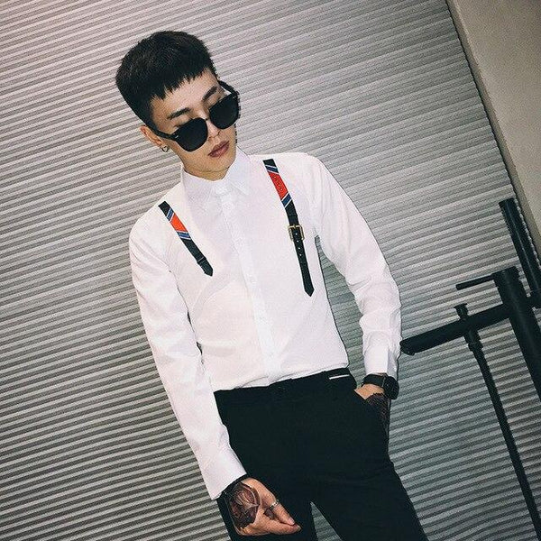 Casual Bowtie Men Shirt Night Club Party Tuxedo Autumn Shirt Men 2019 Long Sleeve Front Strap Design Slim Fit Mens Dress Shirts