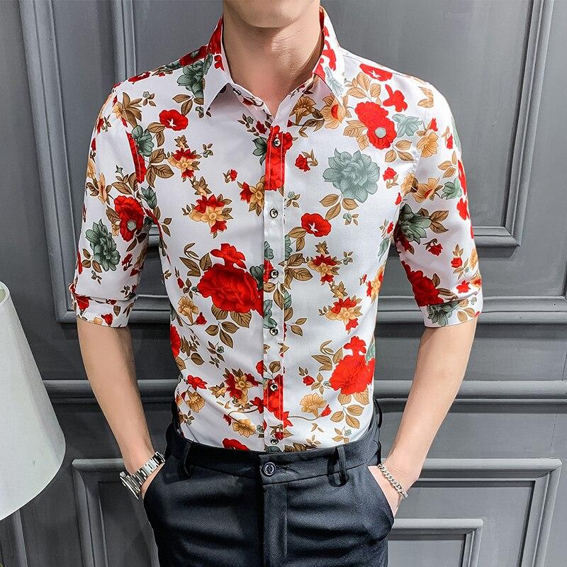 Summer Men Floral Shirt Fashion 2019 Streetwear Mens Shirts Casual Slim Fit Half Sleeve Shirt Dress Night Club Tuxedo Male 3XL-M