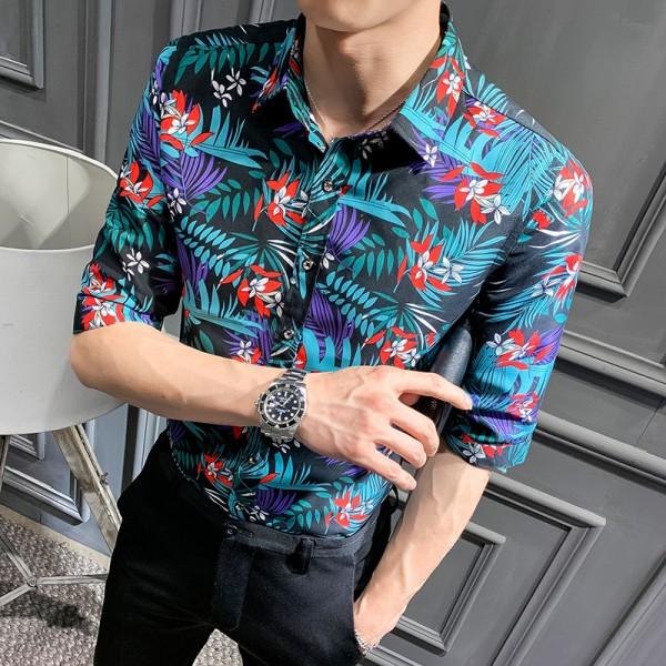Summer Men Floral Shirt Fashion 2019 Streetwear Mens Shirts Casual Slim Fit Half Sleeve Shirt Dress Night Club Tuxedo Male 3XL-M