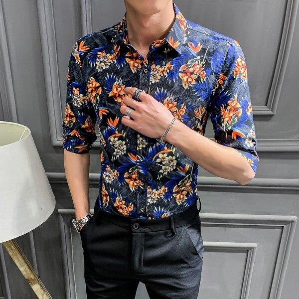 Summer Men Floral Shirt Fashion 2019 Streetwear Mens Shirts Casual Slim Fit Half Sleeve Shirt Dress Night Club Tuxedo Male 3XL-M