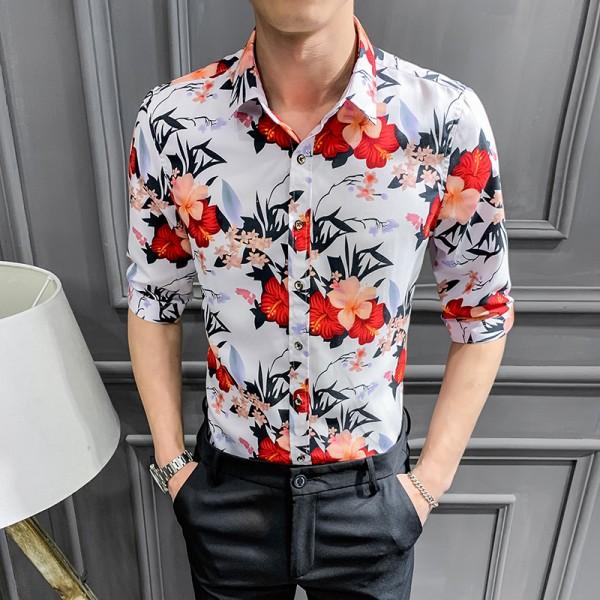 Summer Men Floral Shirt Fashion 2019 Streetwear Mens Shirts Casual Slim Fit Half Sleeve Shirt Dress Night Club Tuxedo Male 3XL-M