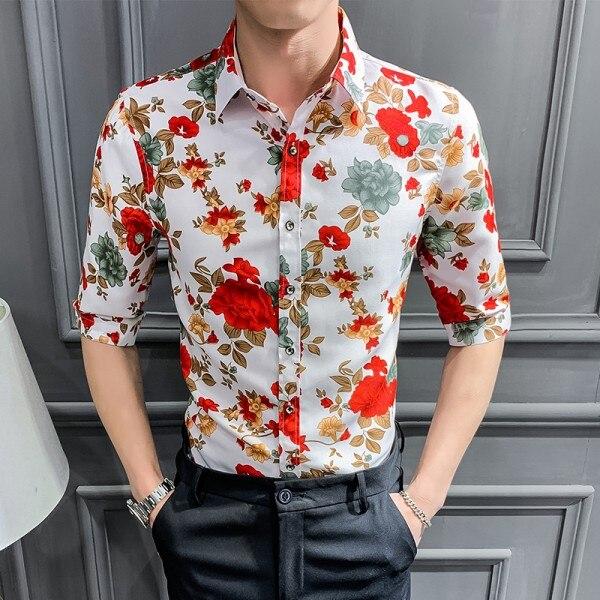 Summer Men Floral Shirt Fashion 2019 Streetwear Mens Shirts Casual Slim Fit Half Sleeve Shirt Dress Night Club Tuxedo Male 3XL-M