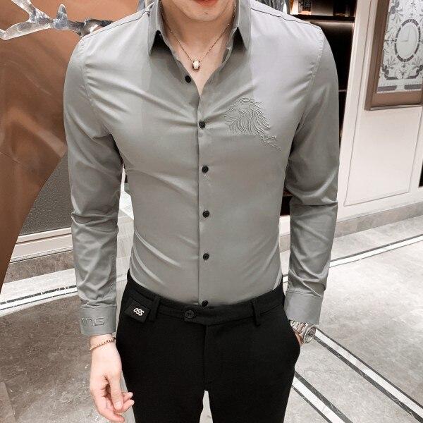 Solid Shirt Men Autumn New Long Sleeve Men Dress Shirts High Quality Embroidery Slim Fit Casual Party Wear Night Club Tuxedo 3XL