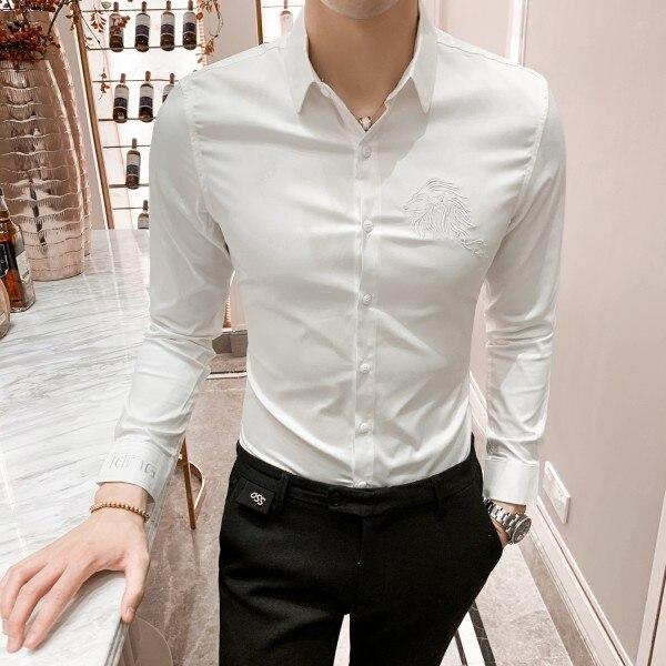 Solid Shirt Men Autumn New Long Sleeve Men Dress Shirts High Quality Embroidery Slim Fit Casual Party Wear Night Club Tuxedo 3XL