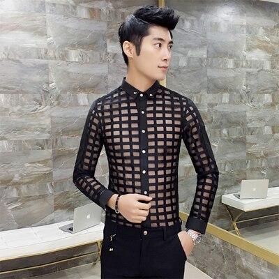 Spring Shirt Men Brand 2019 Long Sleeve Men Shirt Dress Sexy Hollow Plaid Shirts Men All Match Casual Night Club Party Tuxedo