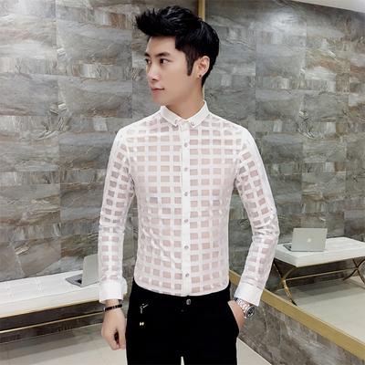 Spring Shirt Men Brand 2019 Long Sleeve Men Shirt Dress Sexy Hollow Plaid Shirts Men All Match Casual Night Club Party Tuxedo