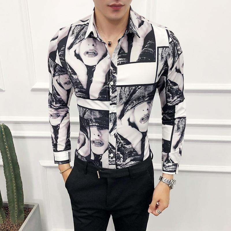 British Style Men Shirt Slim Fit Casual Beauty Girl Print Prom Tuxedo Dress Shirts Men Long Sleeve Night Club Host Party Shirts
