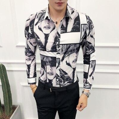 British Style Men Shirt Slim Fit Casual Beauty Girl Print Prom Tuxedo Dress Shirts Men Long Sleeve Night Club Host Party Shirts