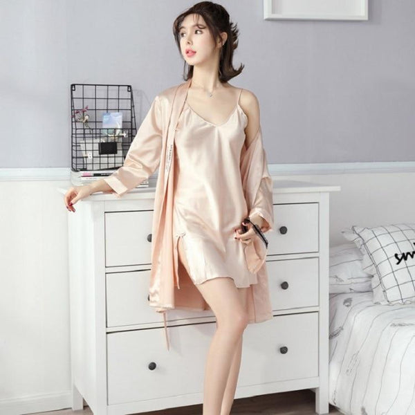 Champagne color couples Two pieces sleep dress and robe women men sexy solid silk robe sleepwear home night gown sleepwearing
