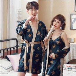Champagne color couples Two pieces sleep dress and robe women men sexy solid silk robe sleepwear home night gown sleepwearing