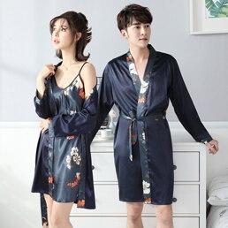 Champagne color couples Two pieces sleep dress and robe women men sexy solid silk robe sleepwear home night gown sleepwearing