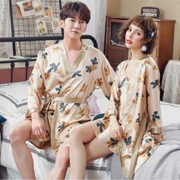 Champagne color couples Two pieces sleep dress and robe women men sexy solid silk robe sleepwear home night gown sleepwearing