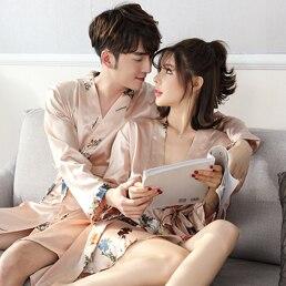 Champagne color couples Two pieces sleep dress and robe women men sexy solid silk robe sleepwear home night gown sleepwearing