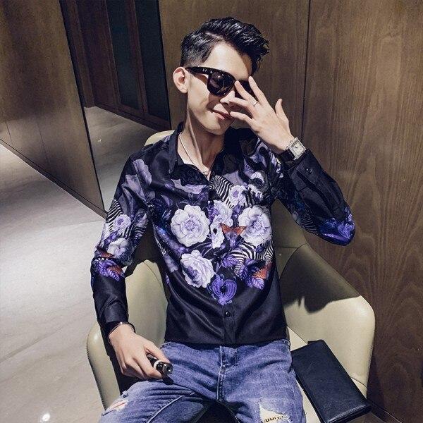 Fashion 2019 Floral Shirt Men Autumn New Long Sleeve Mens Casual Shirts Streetwear Slim Fit Night Club Tuxedo Shirt Dress 3XL-M