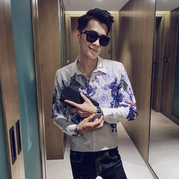 Fashion 2019 Floral Shirt Men Autumn New Long Sleeve Mens Casual Shirts Streetwear Slim Fit Night Club Tuxedo Shirt Dress 3XL-M