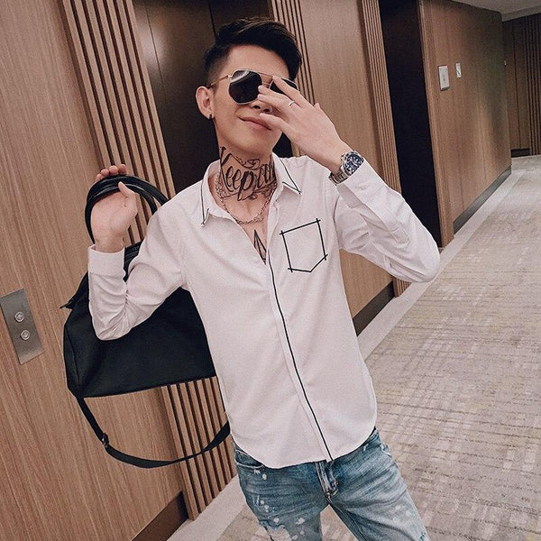 Camisa Hombre Fashion 2019 Mens Long Sleeve Shirt Fake Pocket Embroidery Slim Fit Dress Shirts Men Night Club Party Tuxedo Shirt
