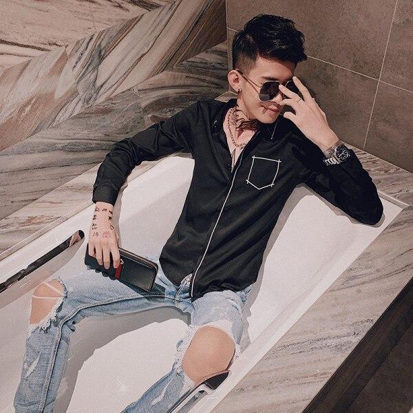 Camisa Hombre Fashion 2019 Mens Long Sleeve Shirt Fake Pocket Embroidery Slim Fit Dress Shirts Men Night Club Party Tuxedo Shirt