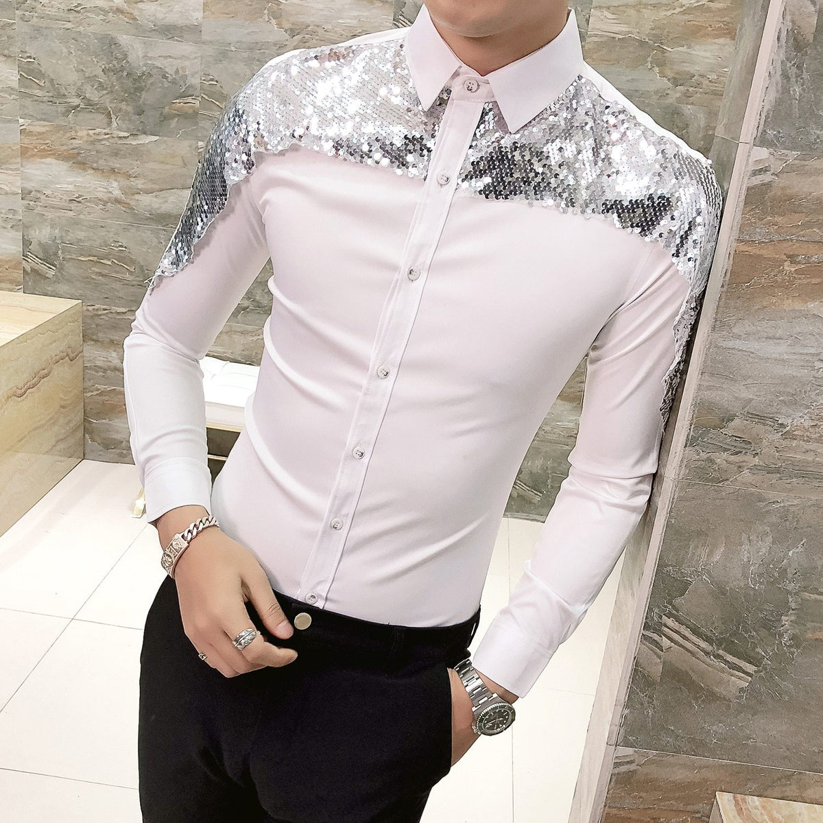 2019 Brand Slim Fit Men Shirt Korean Fashion Paillette Shirt Long Sleeve Casual Shirts Night Club Party Prom Dress Shirt camisa