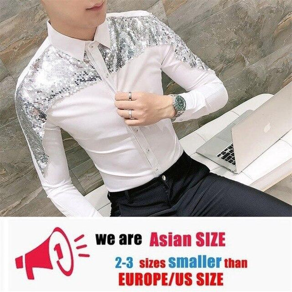 2019 Brand Slim Fit Men Shirt Korean Fashion Paillette Shirt Long Sleeve Casual Shirts Night Club Party Prom Dress Shirt camisa