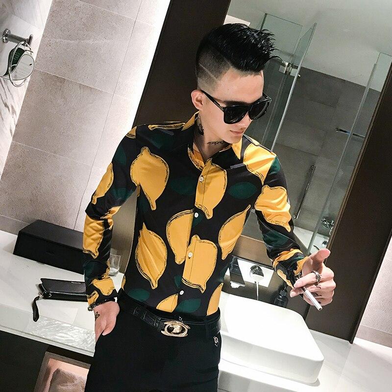 Lemon Pattern Men Shirts Long Sleeve Yellow Mens Shirts Casual Slim Fit Social Mens Dress Shirts Night Club Outfits Erkek Gomlek