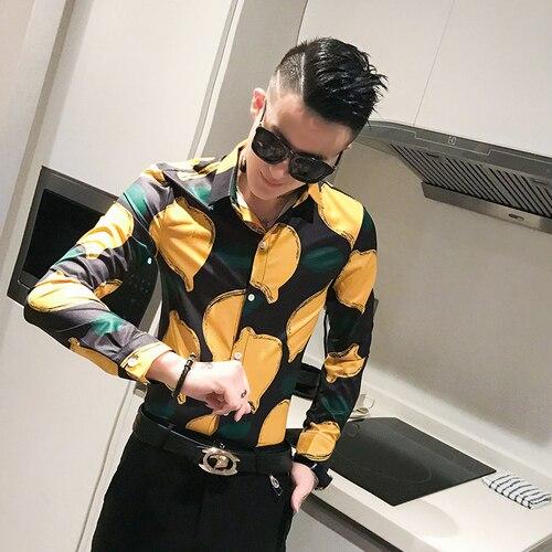 Lemon Pattern Men Shirts Long Sleeve Yellow Mens Shirts Casual Slim Fit Social Mens Dress Shirts Night Club Outfits Erkek Gomlek