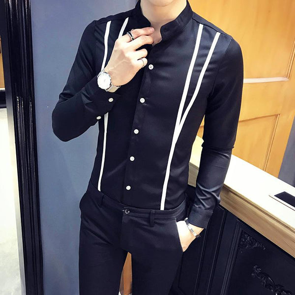 2019 Autumn Long Sleeve Shirt Man Stand Lead Shirt Men Shirt Fashion Streetwear Luxury Line Print Night Club Tuxedo Dress Shirt