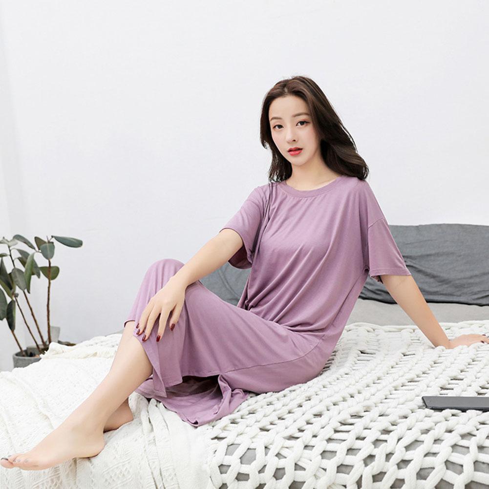 2019 New Yfashion Female Home Wear Short Sleeve Solid Color Casual Loose Sleeping Dress