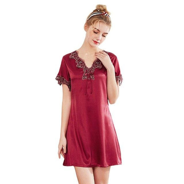 Women Night Dress Nightwear Summer Short Sleeve Sleep Shirt V-Neck Lace Night Dress Gown Fashion Elegant Short Kimono Nightgow