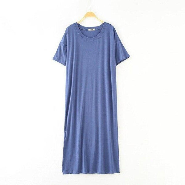 2019 New Yfashion Female Home Wear Short Sleeve Solid Color Casual Loose Sleeping Dress