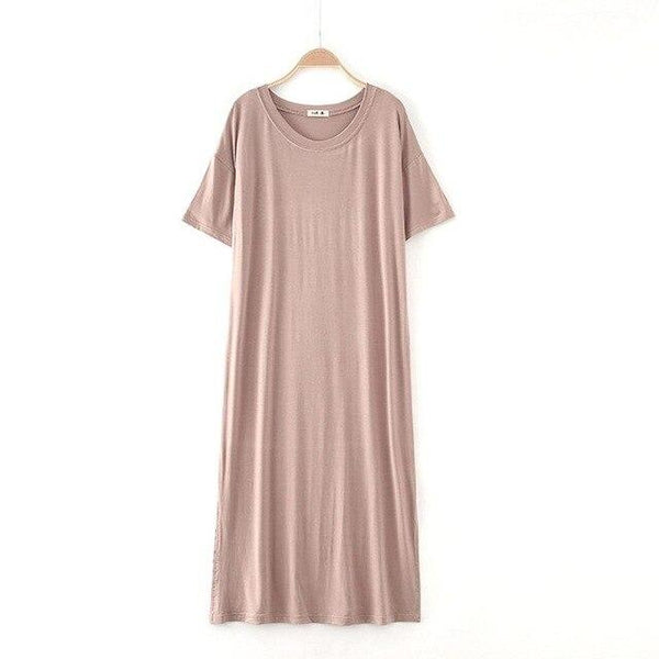 2019 New Yfashion Female Home Wear Short Sleeve Solid Color Casual Loose Sleeping Dress