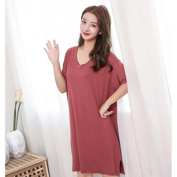 2019 New Yfashion Women Home Wear Short Sleeve V-Collar Casual Loose Solid Color Sleeping Dress