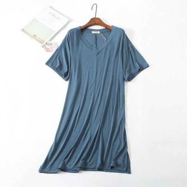 2019 New Yfashion Women Home Wear Short Sleeve V-Collar Casual Loose Solid Color Sleeping Dress