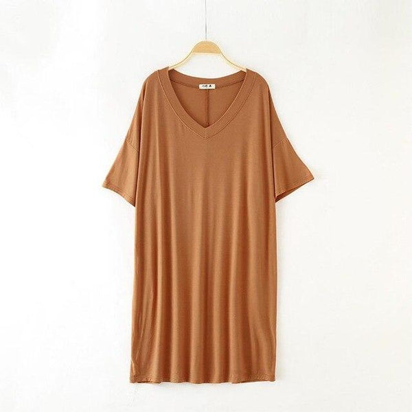 2019 New Yfashion Women Home Wear Short Sleeve V-Collar Casual Loose Solid Color Sleeping Dress