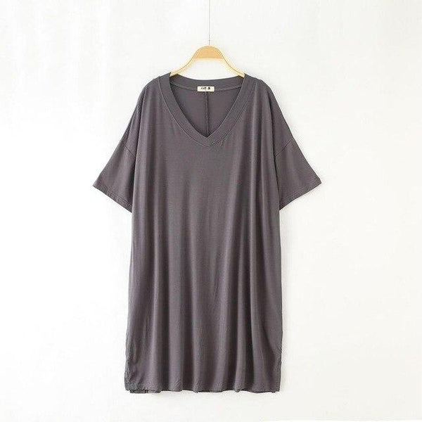 2019 New Yfashion Women Home Wear Short Sleeve V-Collar Casual Loose Solid Color Sleeping Dress