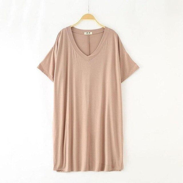 2019 New Yfashion Women Home Wear Short Sleeve V-Collar Casual Loose Solid Color Sleeping Dress