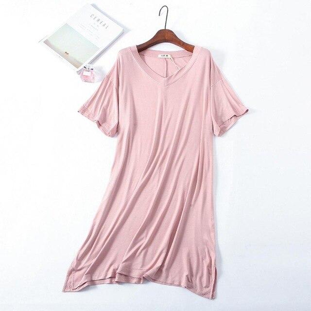 2019 New Yfashion Women Home Wear Short Sleeve V-Collar Casual Loose Solid Color Sleeping Dress