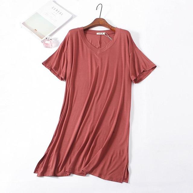2019 New Yfashion Women Home Wear Short Sleeve V-Collar Casual Loose Solid Color Sleeping Dress