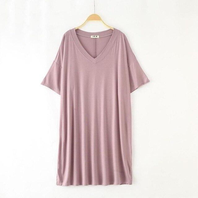 2019 New Yfashion Women Home Wear Short Sleeve V-Collar Casual Loose Solid Color Sleeping Dress