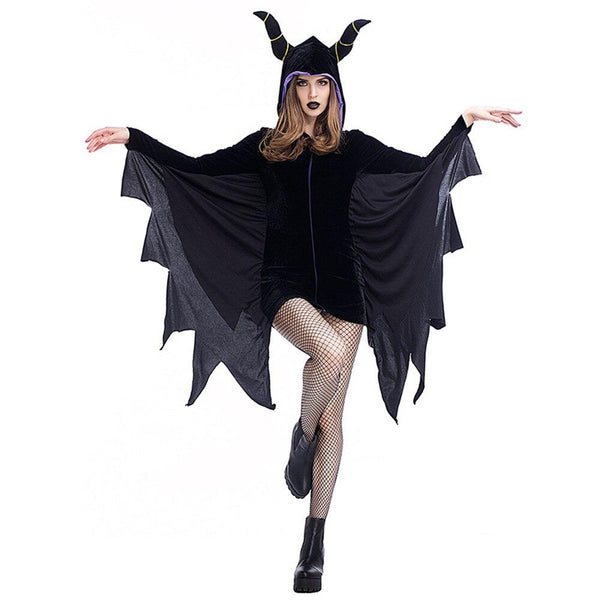 Black Evil Vampire Bat Costume Jumpsuit Adults Black Bat Mans Scary Bat Sleeping Curse Horn Cosplay Halloween Costumes