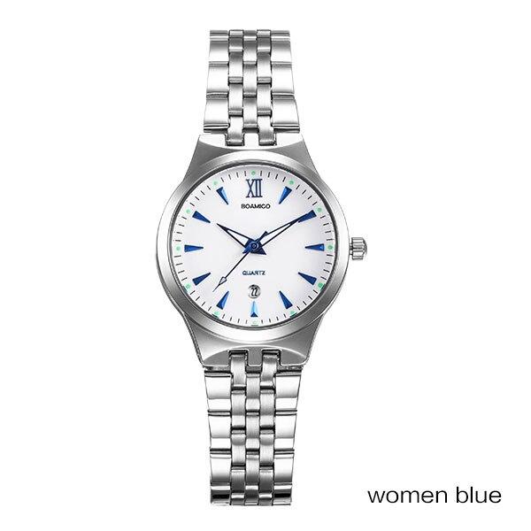 BOAMIGO Lover Couple Wristwatches Fashion Casual Men's Quartz Watch Full Steel Date Women Watches 30m Waterproof Business Dress
