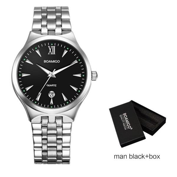BOAMIGO Lover Couple Wristwatches Fashion Casual Men's Quartz Watch Full Steel Date Women Watches 30m Waterproof Business Dress