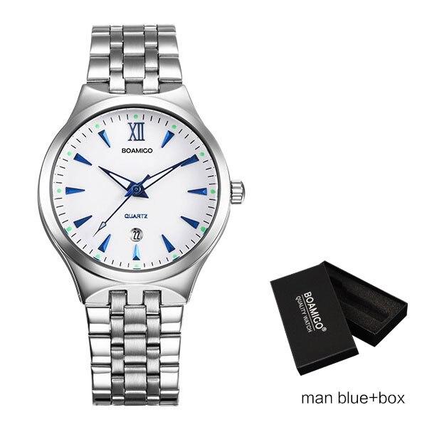 BOAMIGO Lover Couple Wristwatches Fashion Casual Men's Quartz Watch Full Steel Date Women Watches 30m Waterproof Business Dress