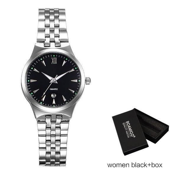 BOAMIGO Lover Couple Wristwatches Fashion Casual Men's Quartz Watch Full Steel Date Women Watches 30m Waterproof Business Dress