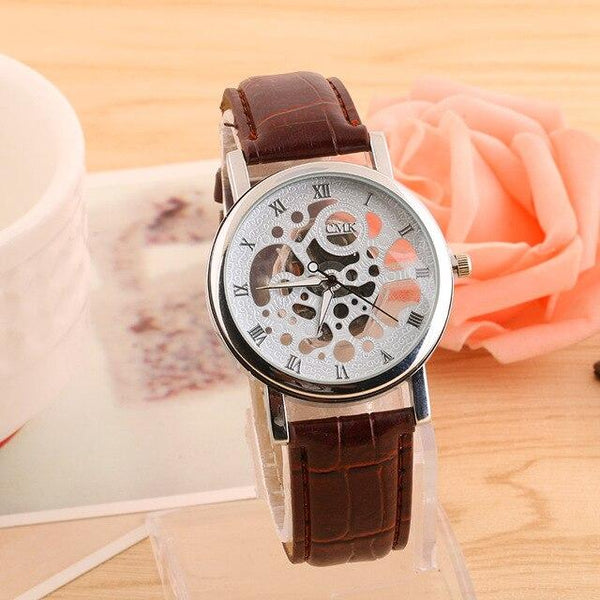 New Watch Men Business Fashion Skeleton Engraving Hollow Reloj Hombre Dress Wristwatch Leather Band Women Clock Relojes Mujer