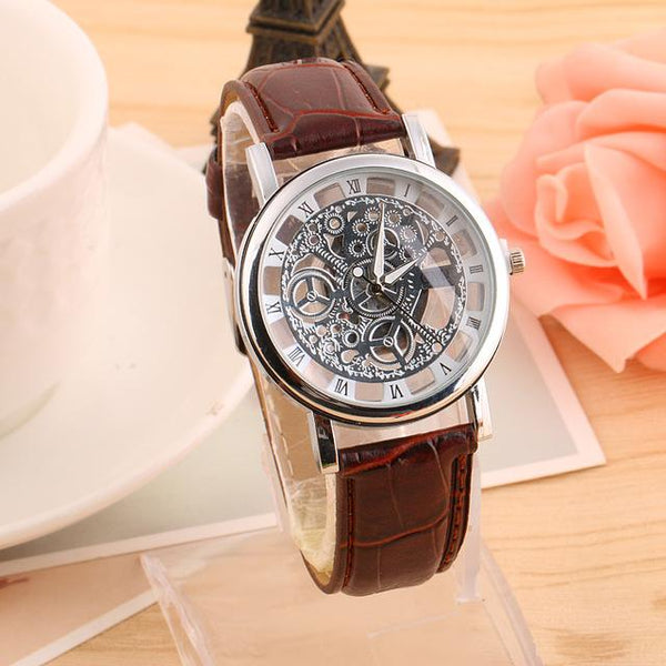 New Watch Men Business Fashion Skeleton Engraving Hollow Reloj Hombre Dress Wristwatch Leather Band Women Clock Relojes Mujer