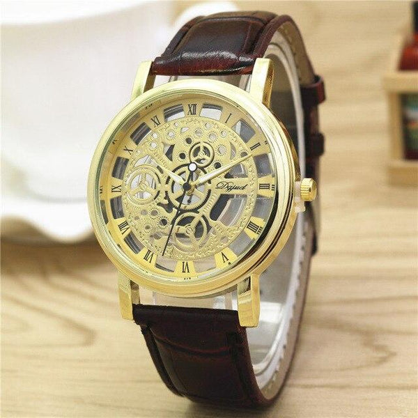 New Watch Men Business Fashion Skeleton Engraving Hollow Reloj Hombre Dress Wristwatch Leather Band Women Clock Relojes Mujer