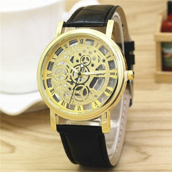 New Watch Men Business Fashion Skeleton Engraving Hollow Reloj Hombre Dress Wristwatch Leather Band Women Clock Relojes Mujer